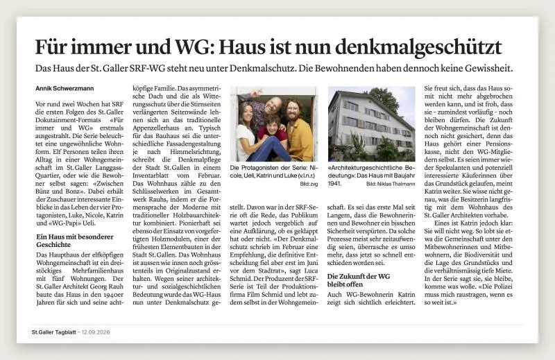 Ausschnitt: St. Galler Tagblatt, 12. September 2026: Für immer und WG: Haus ist nun denkmalgeschützt