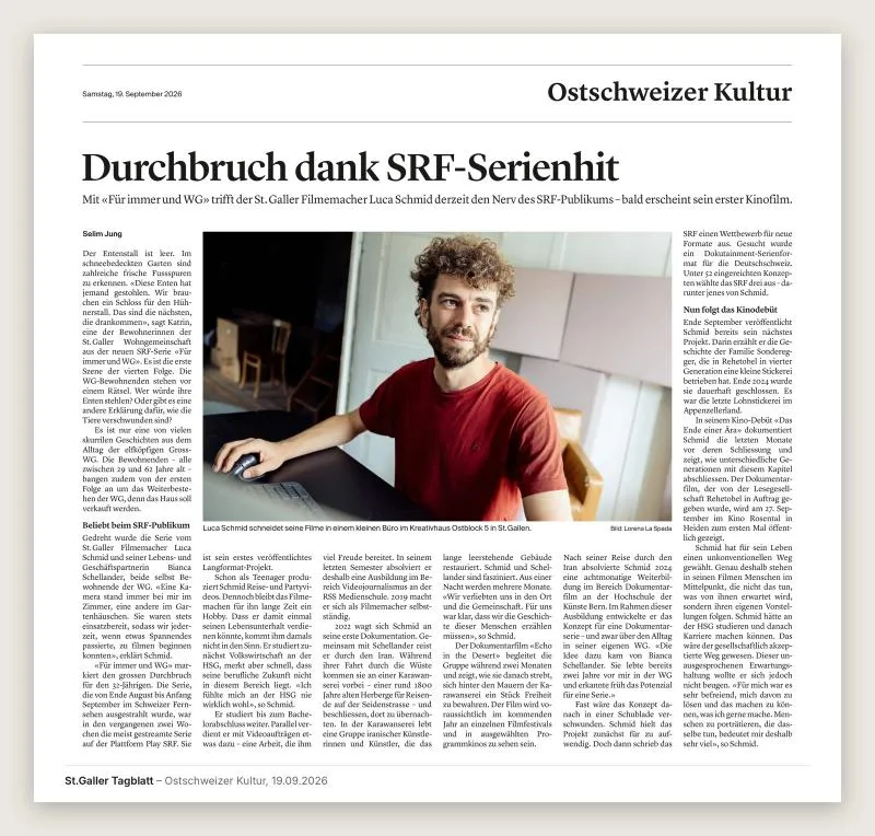 Ausschnitt: St. Galler Tagblatt, 19. September 2026: Durchbruch dank SRF-Serienhit