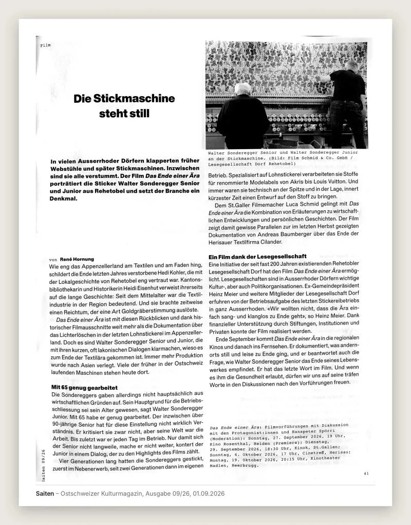 Ausschnitt: Saiten – Ostschweizer Kulturmagazin, 1. September 2026: Die Stickmaschine steht still