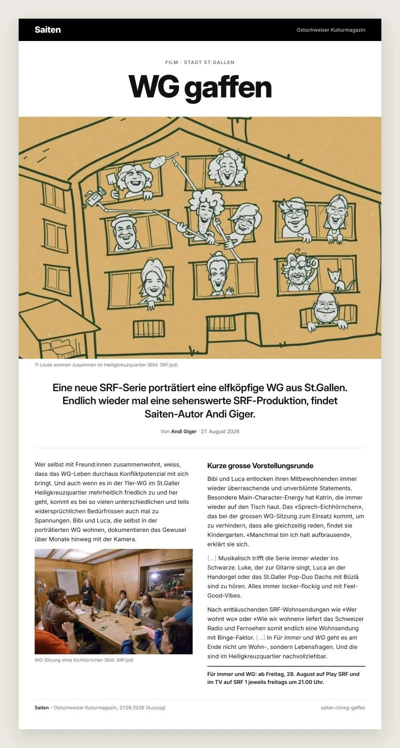 Ausschnitt: Ostschweizer Kulturmagazin Saiten, 27. August 2026: WG Gaffen