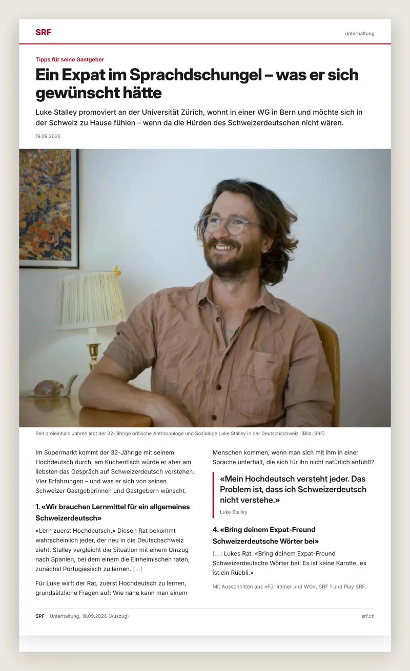 Ausschnitt: srf.ch, 19. September 2026: Ein Expat im Sprachdschungel – was er sich gewünscht hätte