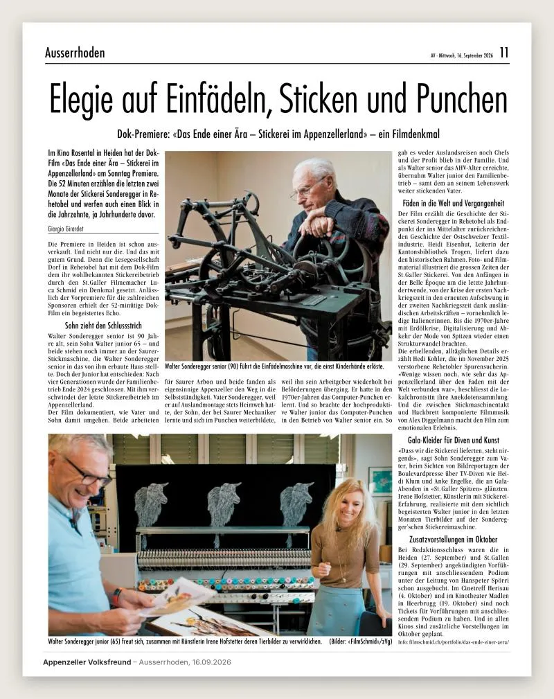 Ausschnitt: Appenzeller Volksfreund, 16. September 2026: Elegie auf Einfädeln, Sticken und Punchen