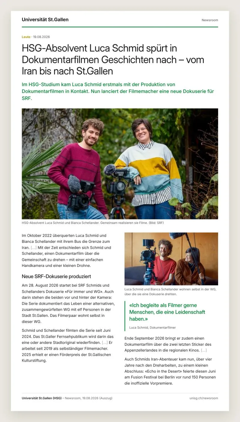 Ausschnitt: Universität St.Gallen, 19. August 2026: HSG-Absolvent Luca Schmid macht Dokus - vom Iran bis nach St.Gallen